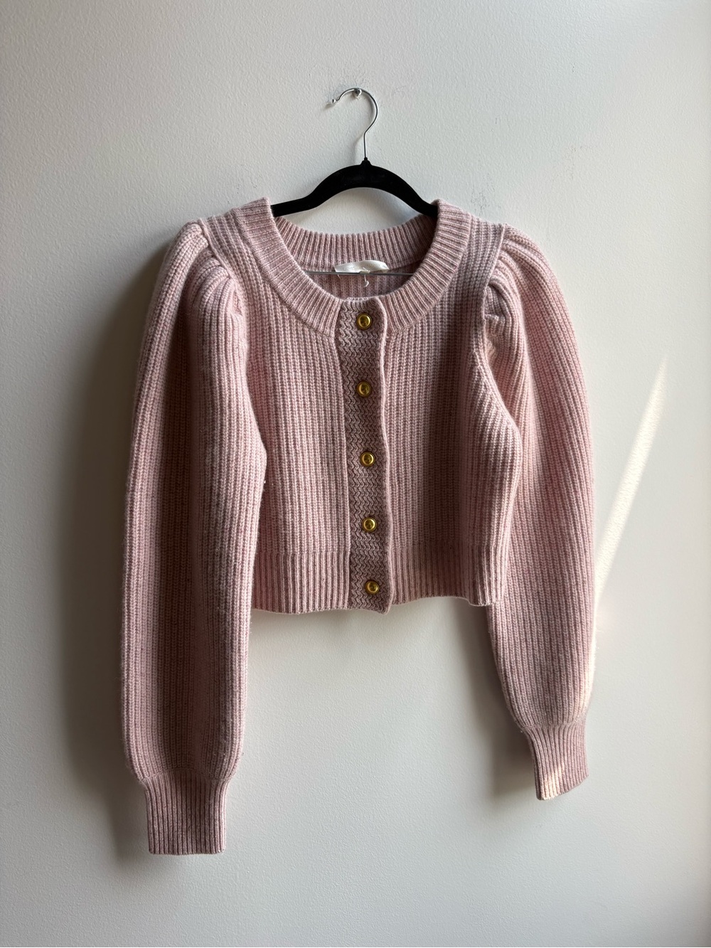 LoveShackFancy Pink Cropped Ribbed Puff-Sleeve Cardigan